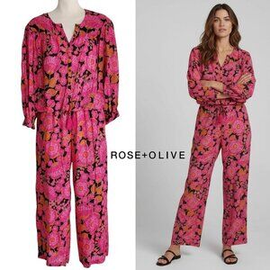 Rose & Olive Top and Pants Set Bright Magenta Floral Print Lightweight Size S